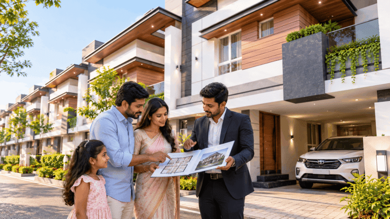 Tamil family reviewing a 3 BHK villa floor plan during a property site visit in Madurai