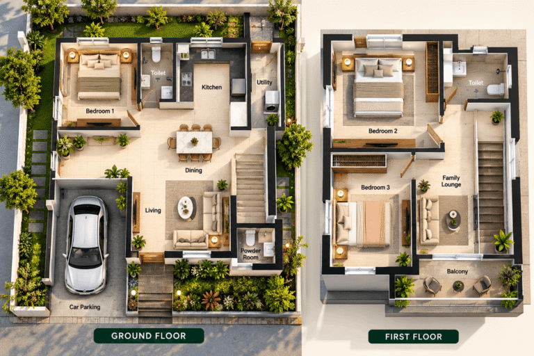 Illustrative 3 BHK villa floor plan showing bedrooms, kitchen, living area and staircase