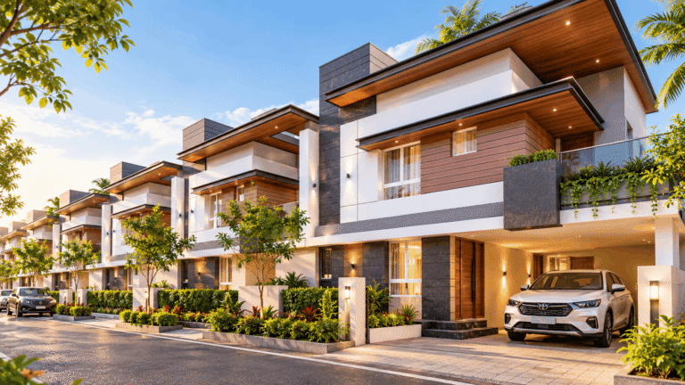 Modern 3 BHK villa in Madurai with private parking and landscaped entrance